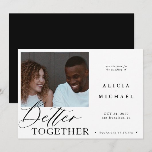 Moderne foto witte, eenvoudige script zwarte bruil save the date (Voorkant / Achterkant)