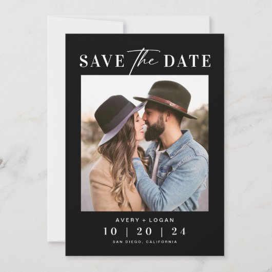 Moderne foto Zwart Bruiloft Save The Date (Voorkant)