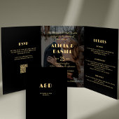 Moderne foto zwart en goud rsvp details bruiloft drieluik uitnodiging