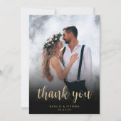 Moderne foto Zwart Goud Script Eenvoudige bruiloft Bedankkaart (Voorkant)