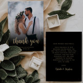 Moderne foto Zwart Goud Script Eenvoudige bruiloft Bedankkaart