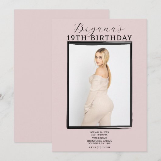 Moderne foto Zwart Lijst Trendy Roze Verjaardag Kaart (Voorkant / Achterkant)