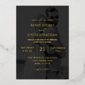 Moderne foto zwart-wit 5 Vertical Weddenschap donk Folie Uitnodiging (Voorkant)