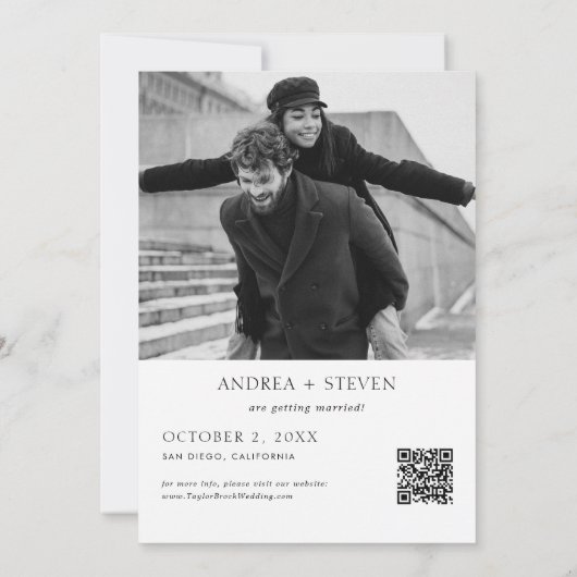 Moderne foto Zwart-wit bruiloft Bewaar de datum Kaart (Achterkant)