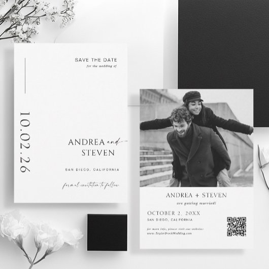 Moderne foto Zwart-wit bruiloft Bewaar de datum Kaart