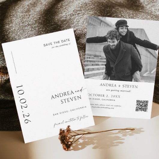 Moderne foto Zwart-wit bruiloft Bewaar de datum Kaart