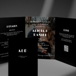 Moderne foto zwart-wit rsvp details bruiloft drieluik uitnodiging