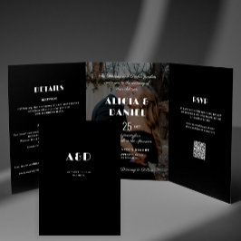 Moderne foto zwart-wit rsvp details bruiloft drieluik uitnodiging