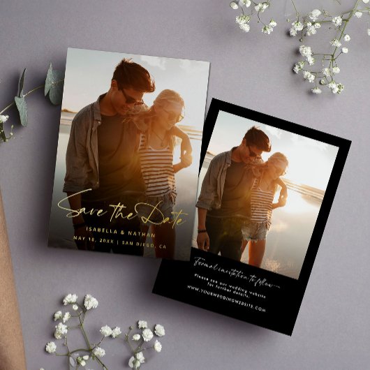 Moderne foto Zwart Wit Save the Date Gold Folie Uitnodiging