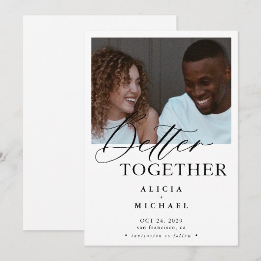 Moderne foto zwarte script eenvoudige bruiloft save the date (Voorkant / Achterkant)