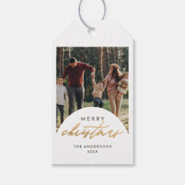Moderne Fotoboog Vrolijk Kerst Goud Script Cadeaulabel