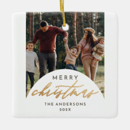 Moderne Fotoboog Vrolijk Kerst Goud Script Keramisch Ornament