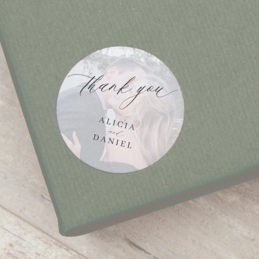 Moderne fotobruiloft bedankt je gunst ronde sticker