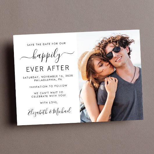 Moderne fotobruiloft bespaart de datum aankondigingskaart