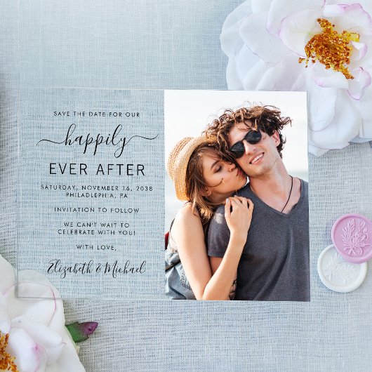 Moderne fotobruiloft bespaart de datum acryl uitnodigingen