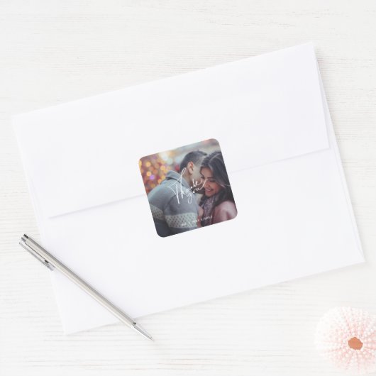 Moderne fotobruiloft Dank je Vierkante Sticker (Envelop)