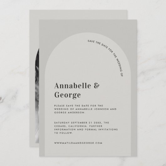 Moderne fotobruiloft met grafische typografie save the date (Voorkant / Achterkant)