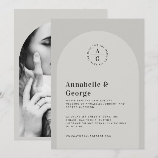 Moderne fotobruiloft met grafische typografie save the date (Voorkant / Achterkant)