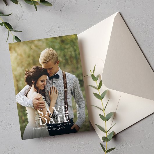 Moderne fotobruiloft sparen de datum save the date