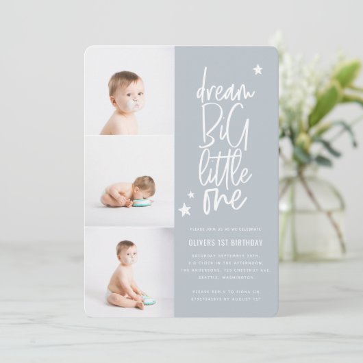 Moderne fotocollage 1e verjaardagsblauwe ster (Staand voorkant)