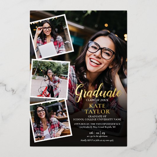 Moderne Fotocollage Afstudeerfeest Goud Folie In Folie Uitnodiging (Voorkant)