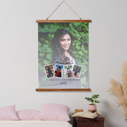 Moderne Fotocollage Afstuderen Keepsake | Wit Hangend Wandkleed (Slaapkamer)