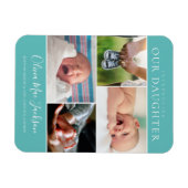 Moderne Fotocollage Baby Aankondiging Teal Magneet (Horizontaal)