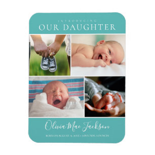 Moderne Fotocollage Baby Aankondiging Teal Magneet