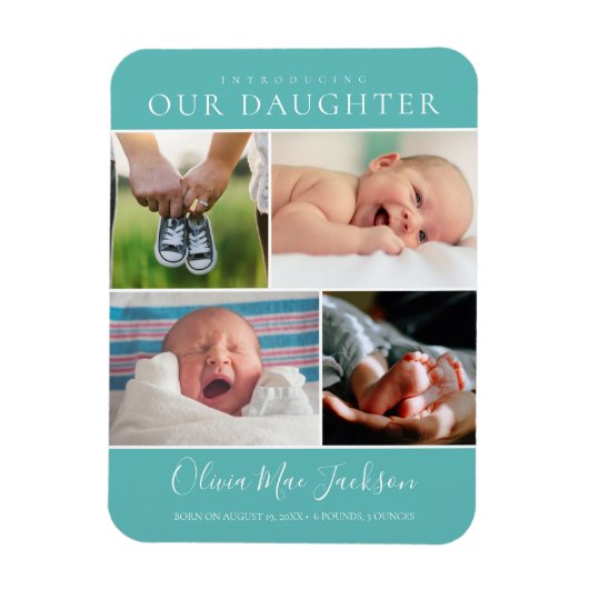 Moderne Fotocollage Baby Aankondiging Teal Magneet (Verticaal)