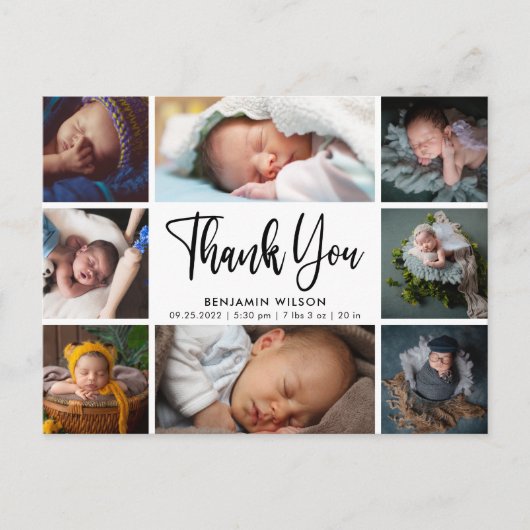 Moderne Fotocollage Baby Bedankt Aankondiging Briefkaart (Voorkant)