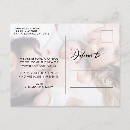 Moderne fotocollage Baby dank u Aankondigingskaart (Achterkant)