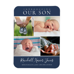Moderne Fotocollage Baby Jongen Aankondiging Blauw Magneet