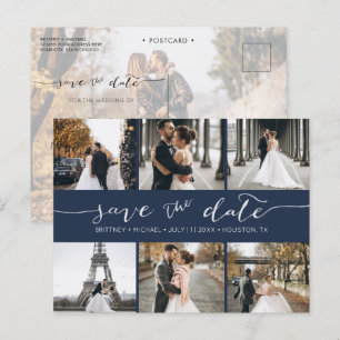 Moderne fotocollage bespaart de datum blauw aankondigingskaart