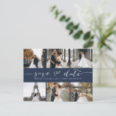 Moderne fotocollage bespaart de datum blauw aankondigingskaart (Staand voorkant)