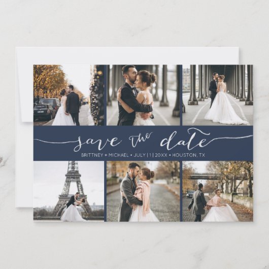 Moderne fotocollage bespaart de datum blauw save the date (Voorkant)