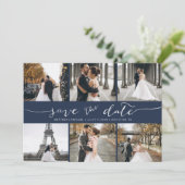 Moderne fotocollage bespaart de datum blauw save the date (Staand voorkant)