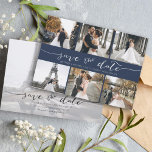 Moderne fotocollage bespaart de datum blauw save the date<br><div class="desc">Kies de beste afbeeldingen uit je verloving-opname of je favoriete afbeeldingen van jullie twee voor deze perfecte bewaardatum. De woorden sparen de datum zijn handgeschreven om een persoonlijk gevoel aan de kaart te geven. De voorkant heeft 6 afbeeldingen en de achterkant heeft een groot afbeelding met een witte filter op...</div>