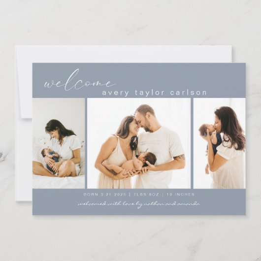 Moderne Fotocollage Blauwe Geboorte Aankondiging (Voorkant)