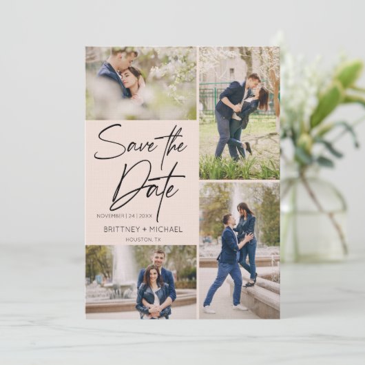 Moderne fotocollage Blush roze Save The Date (Staand voorkant)
