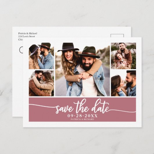 Moderne fotocollage bruiloft bewaart de datum briefkaart (Voorkant / Achterkant)