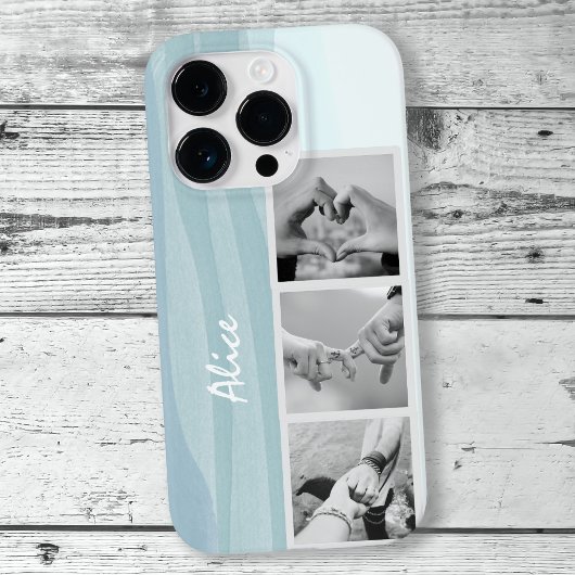 Moderne fotocollage Cool Blue Waterverf naam Case-Mate iPhone Case