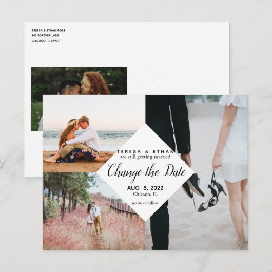 Moderne Fotocollage Diamond Chic Wijzig de Datum Briefkaart (Voorkant / Achterkant)