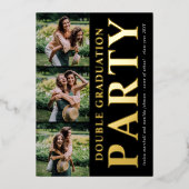 Moderne fotocollage Double Graduation Party Gold Folie Uitnodiging (Voorkant)