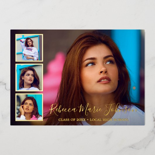 Moderne fotocollage Elegant Afstuderen Folie Uitnodiging (Voorkant)