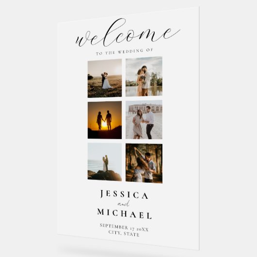 Moderne Fotocollage Elegant Bruiloft Welkom Acryl Bord (Hoek)