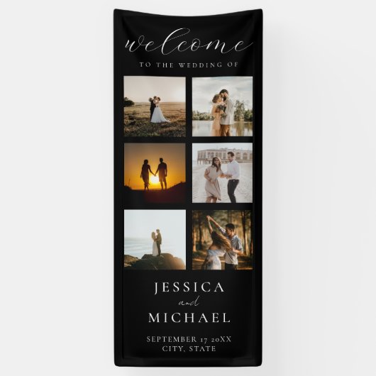 Moderne Fotocollage Elegante Trouwbegroeting Spandoek (Verticaal)