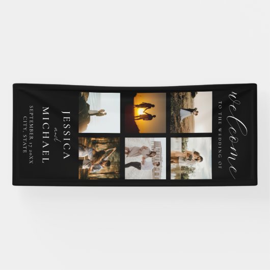 Moderne Fotocollage Elegante Trouwbegroeting Spandoek (Horizontaal)