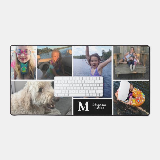 Moderne fotocollage familienaam Monogram Bureaumat (Keyboard & Muis)