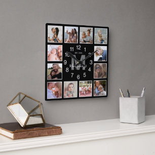 Moderne Fotocollage Familienaam Zwart Vierkante Klok