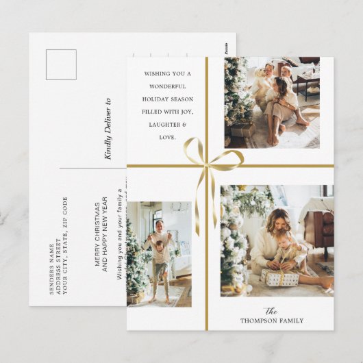 Moderne fotocollage gouden doos lint kerst feestdagenkaart (Voorkant / Achterkant)